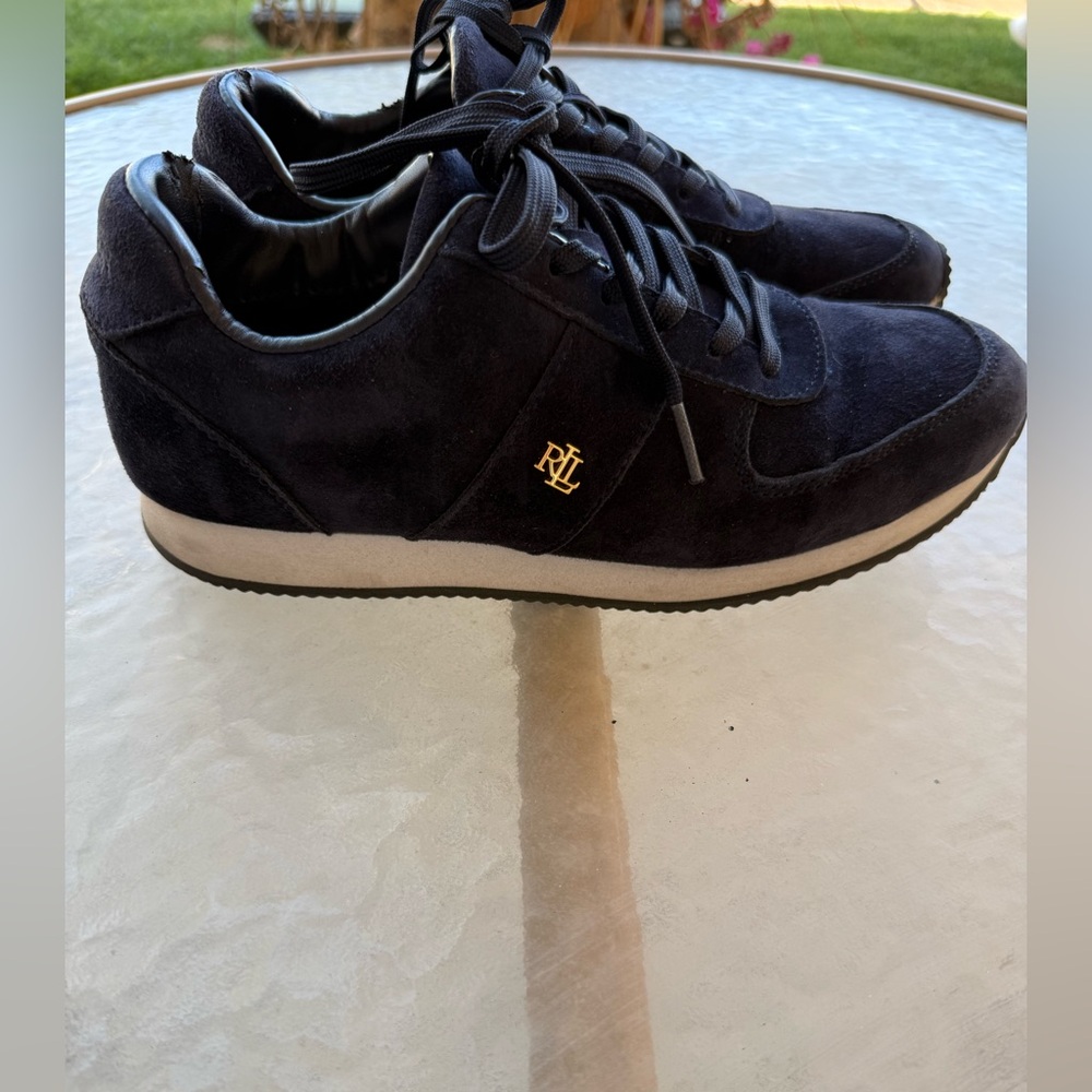 Ralph Lauren Navy Suede Women Sneakers with Gold RL Accent
